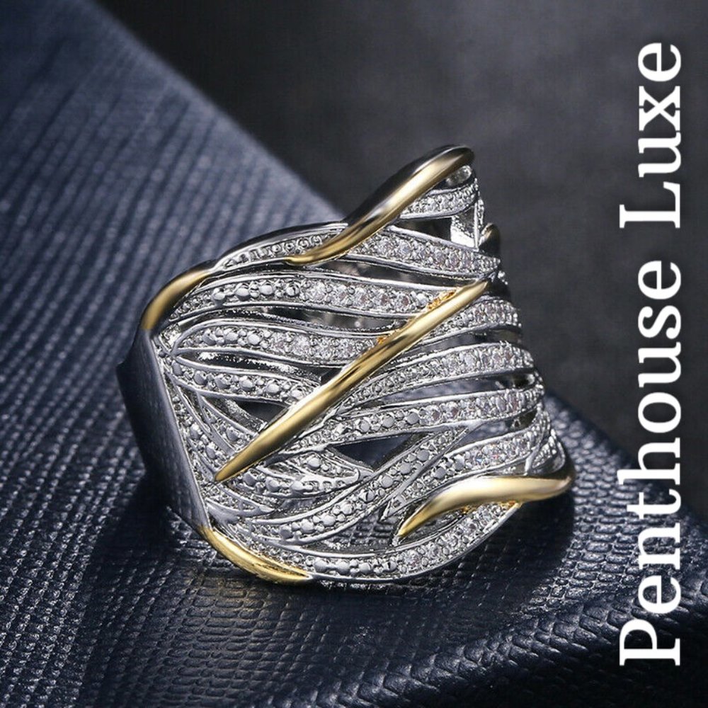 🔥CLEARANCE! Micro Paved 2-Tone Silver Gold Band Ring - Picture 2 of 3